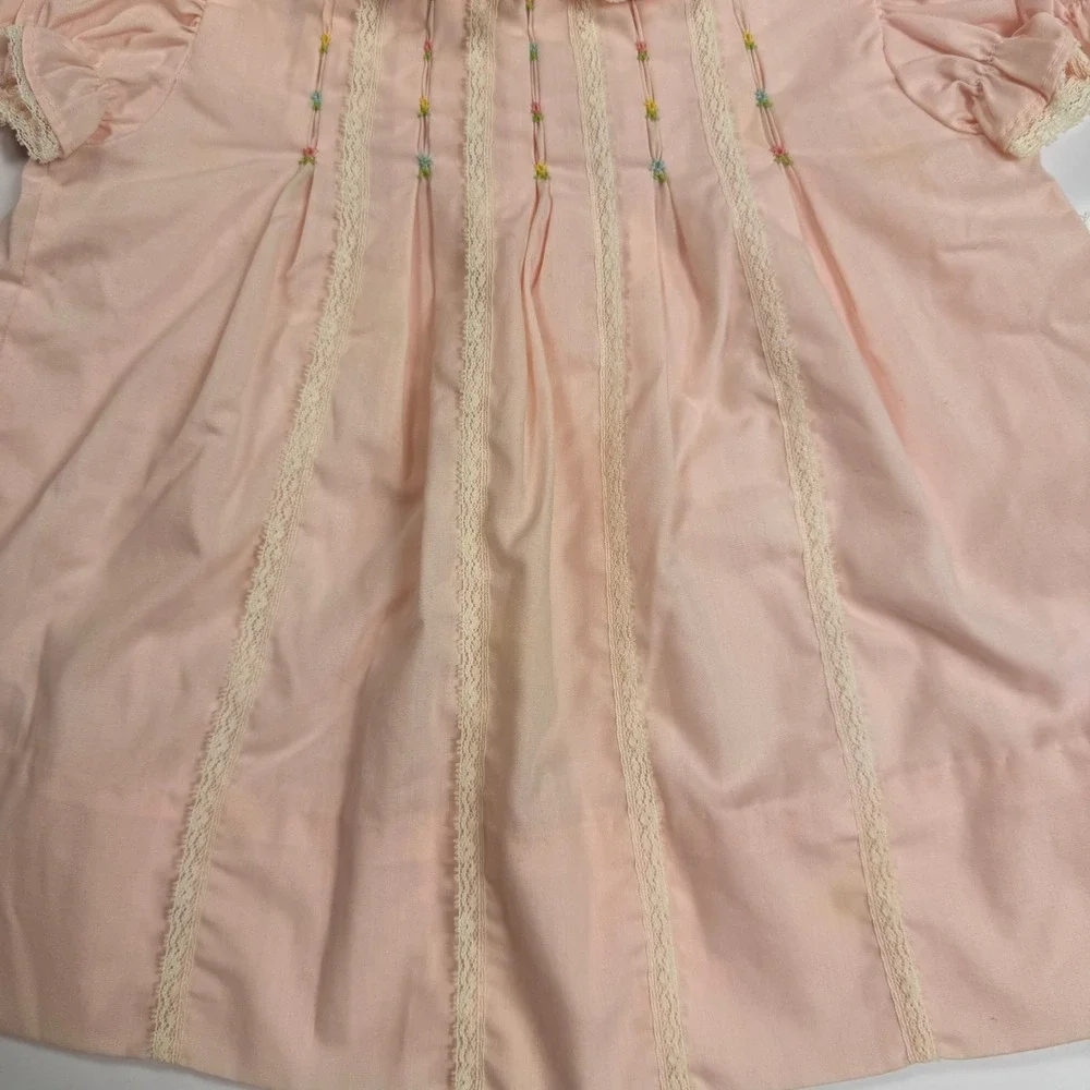 Polly Flinders Vintage Cottagecore Coquette Baby Dress Bonnet Set Pink Cotton